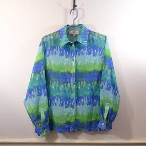 St. John Top Size S Blue Green Button Down Shirt Collar Blouse Sheer Long Sleeve
